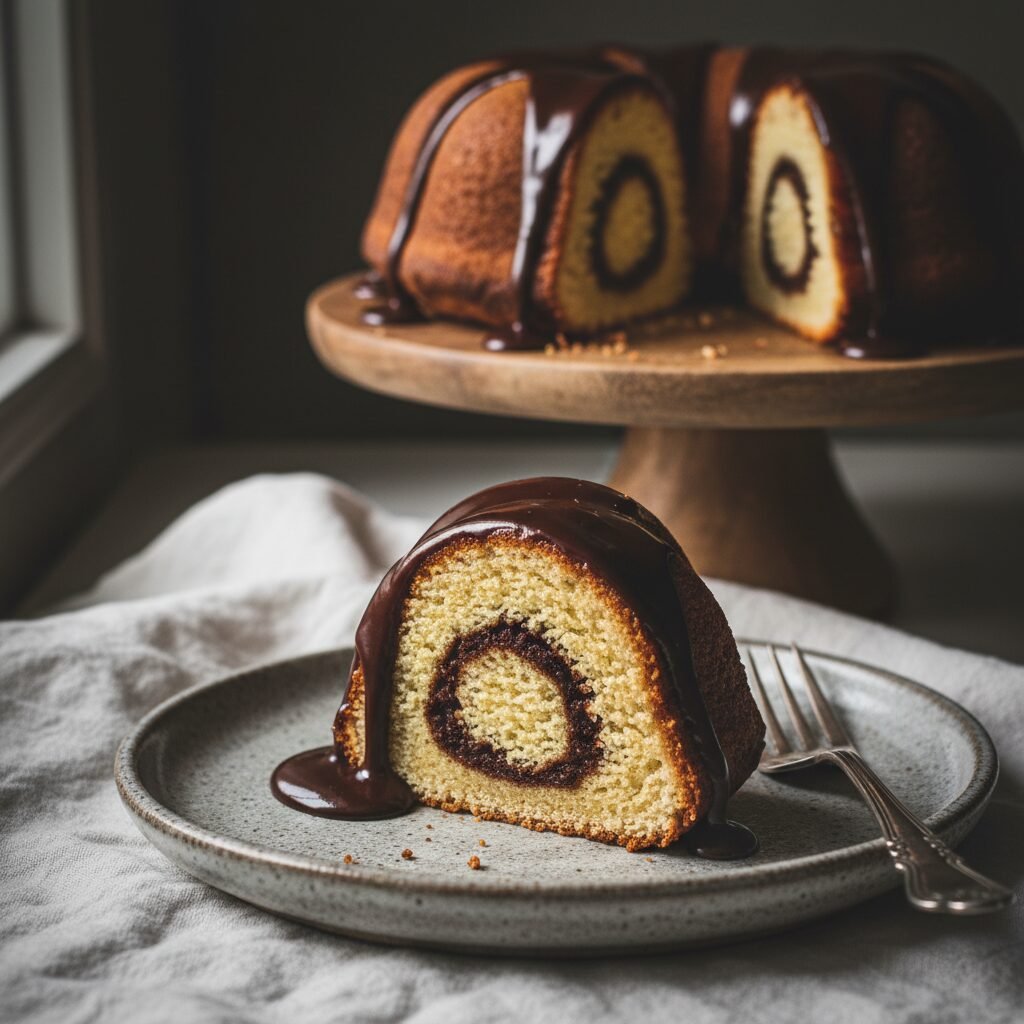 Moist Cinnamon Swirl Bundt Cake With Chocolate Glaze