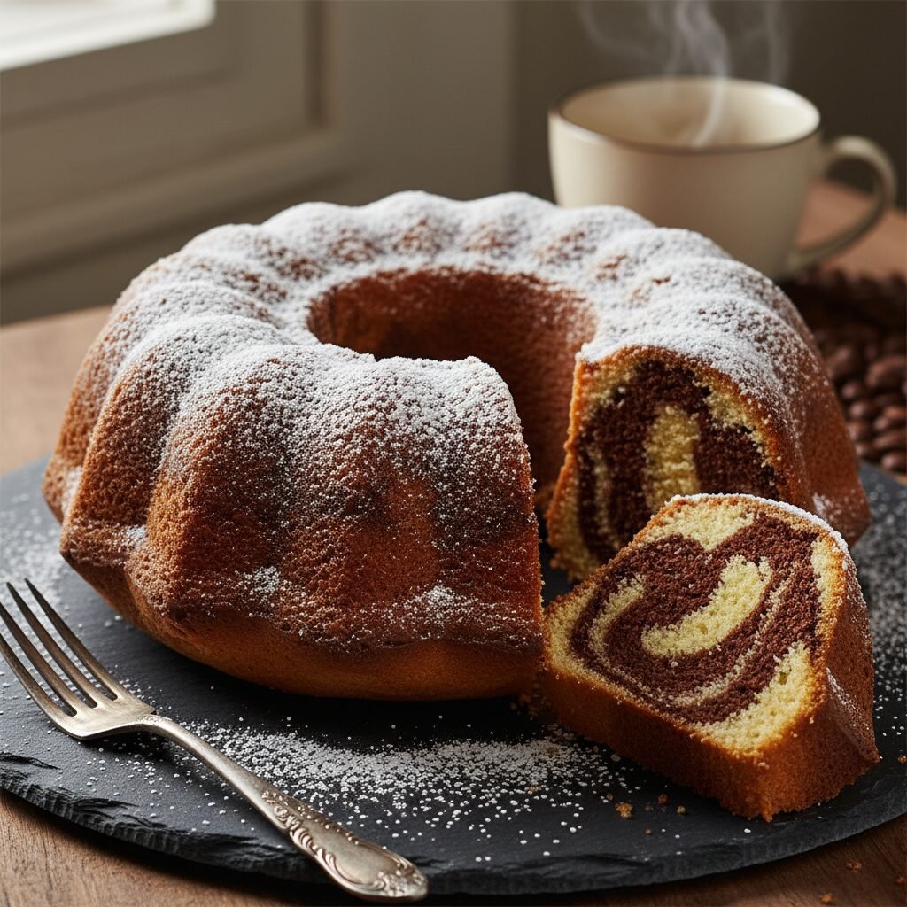 The Ultimate Moist Marble Bundt Cake with Powdered Sugar Dusting