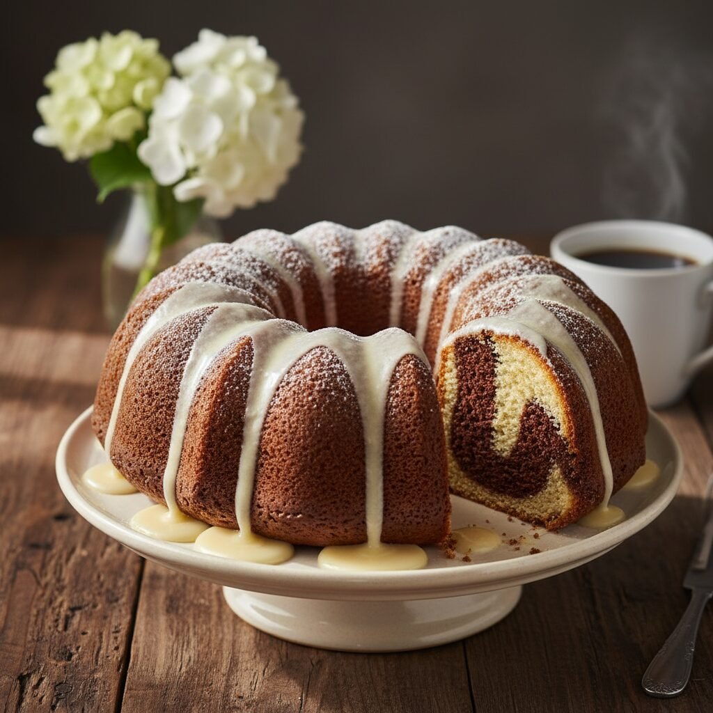 The Ultimate Moist Marble Bundt Cake with Vanilla Glaze