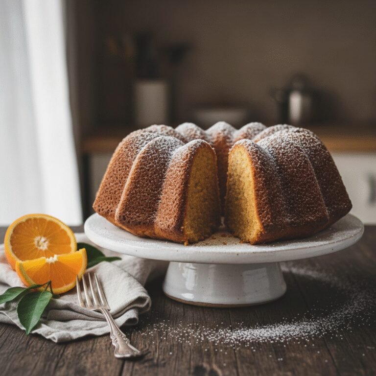 The Ultimate Moist Orange Bundt Cake with Powdered Sugar Dusting