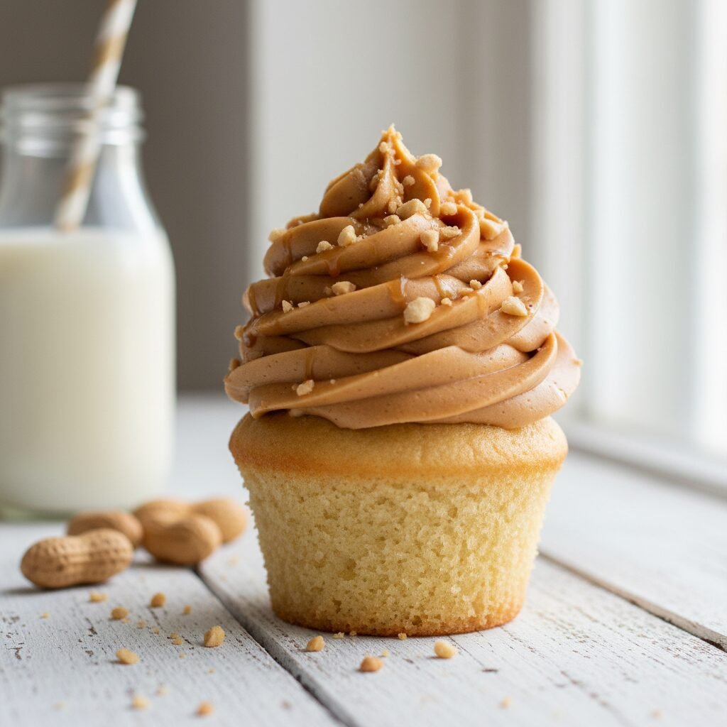 The Ultimate Moist Vanilla Cupcake With Creamy Peanut Butter Frosting