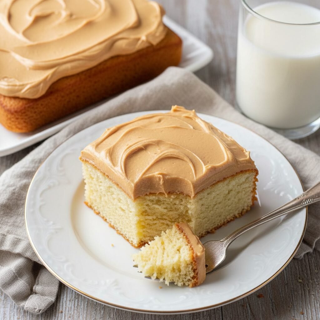 The Ultimate Moist Vanilla Sheet Cake With Fluffy Peanut Butter Frosting