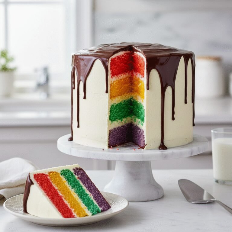 The Ultimate Tall Rainbow Layer Cake With Dark Chocolate Drip Ganache