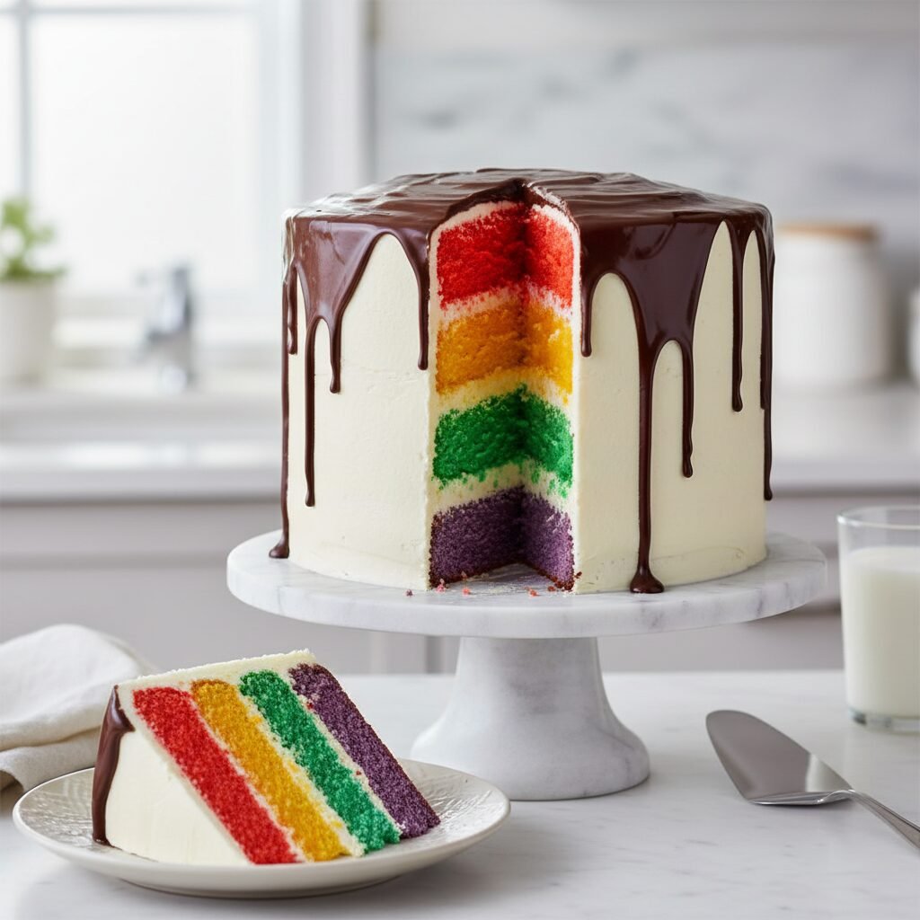 The Ultimate Tall Rainbow Layer Cake With Dark Chocolate Drip Ganache